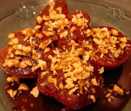 Holiday red wine poached apples
